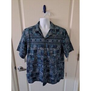 LL BEAN Men’s Medium Hawaiian Shirt Batik Print Blue Tiki 100% Cotton